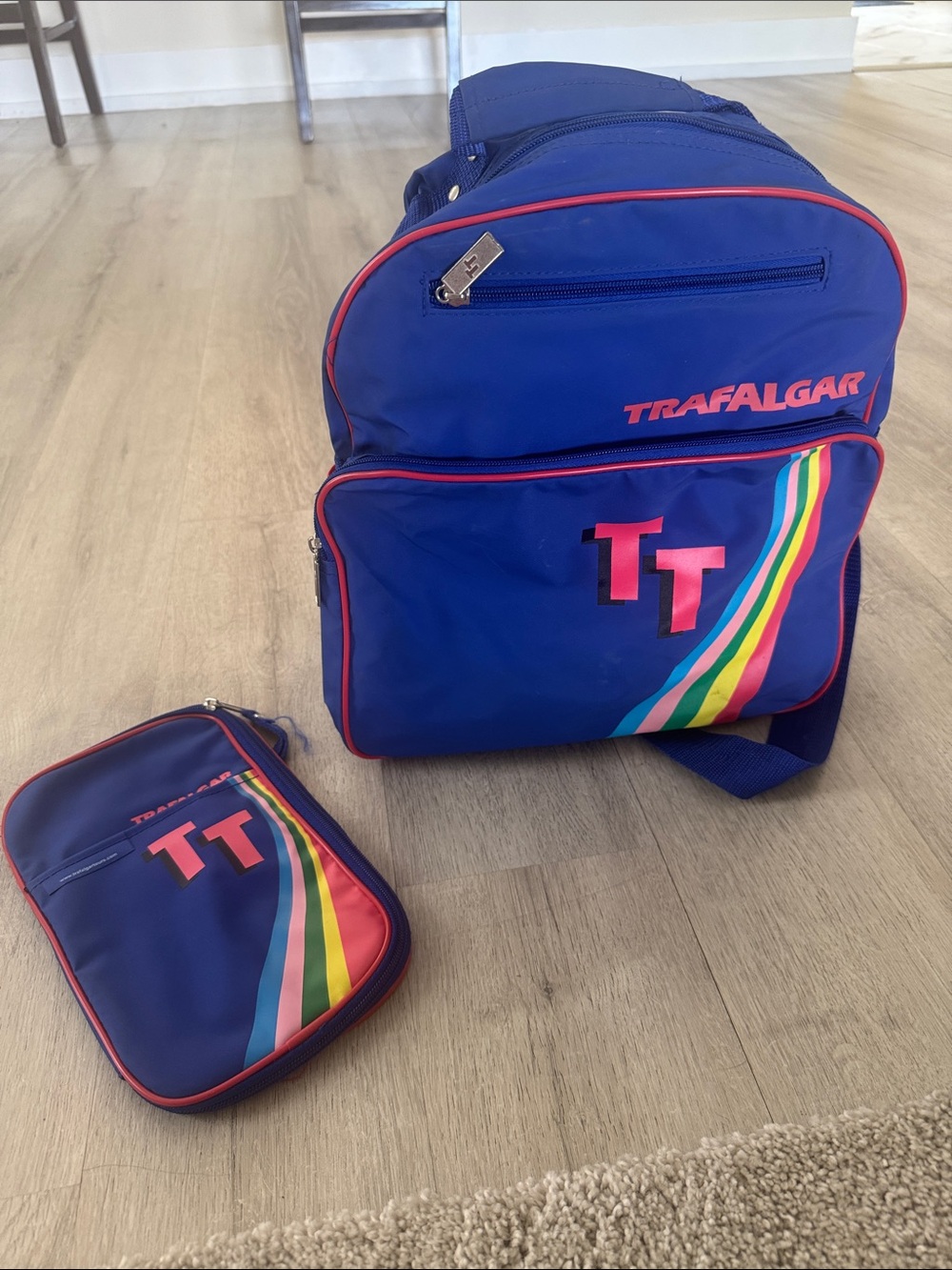Trafalgar Backpack Shoulder Bag Vintage 80's Rainbow Blue Travel Bag Red Trim